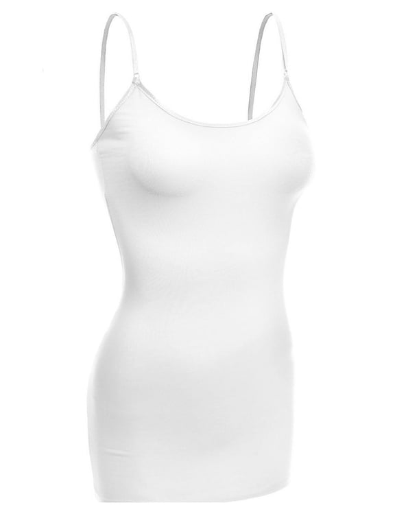 Women Basic Built In Bra Spaghetti Strap Cami Top Tank - White, M