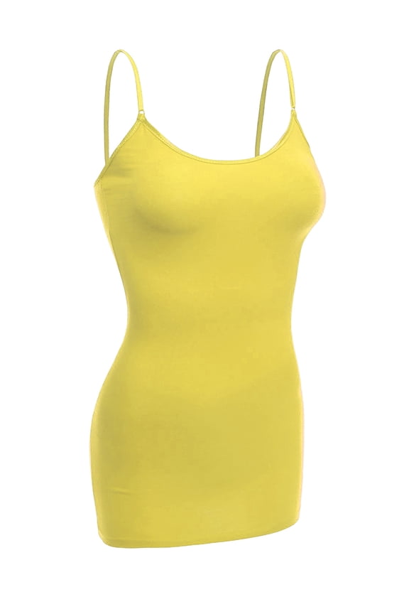 Women Basic Built In Bra Spaghetti Strap Cami Top Tank - Yellow, S