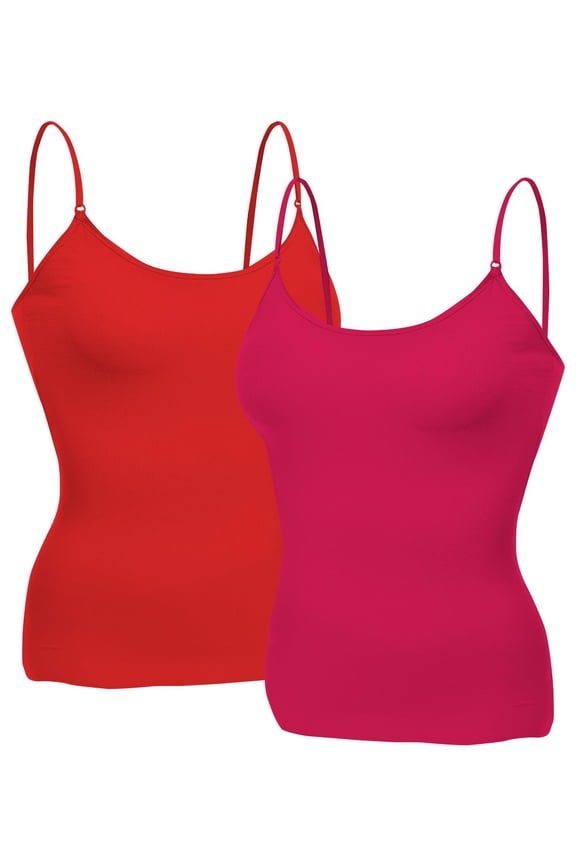Women Layering Basic Short Camisole Cami Adjustable Strap Tank Top - 2Pk - Fuchsia, Red, M