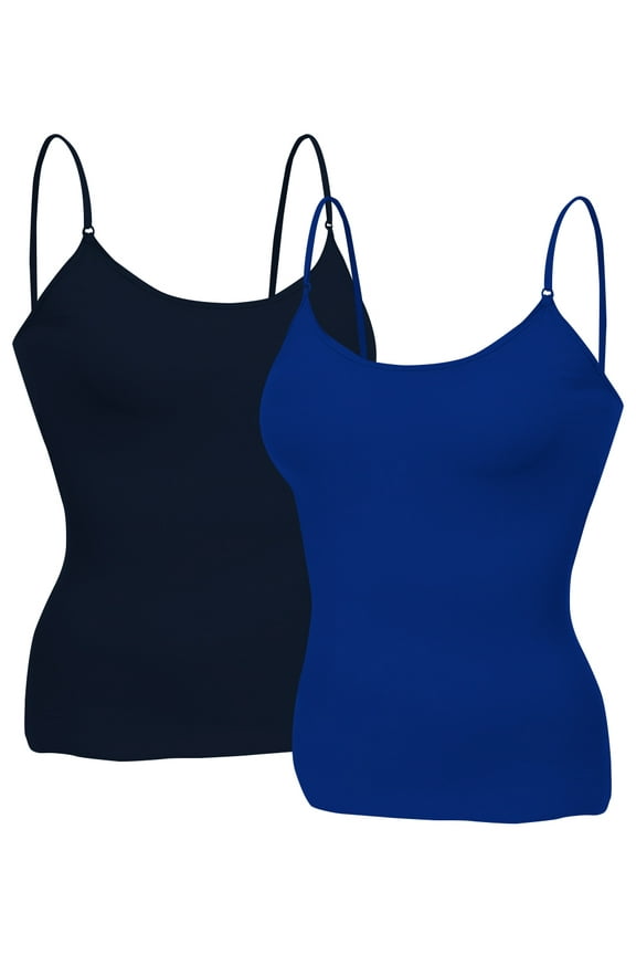 Women Layering Basic Short Camisole Cami Adjustable Strap Tank Top - 2Pk - Navy, Royal, L