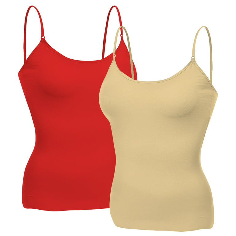 Essential Basic Women Layering Basic Short Camisole Cami Adjustable Strap  Tank Top - 2Pk - Red, Taupe, M