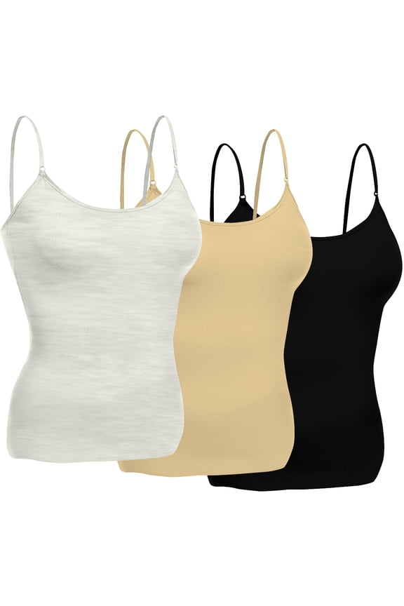Women Layering Short Cami Adjustable Strap Tank Top - 3Pack - Blk, Kh, Oat, L