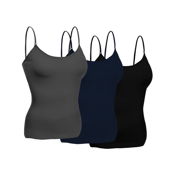 Essential Basic Women Layering Short Cami Adjustable Strap Tank Top - 3Pack - Blk, Navy, Chc, M
