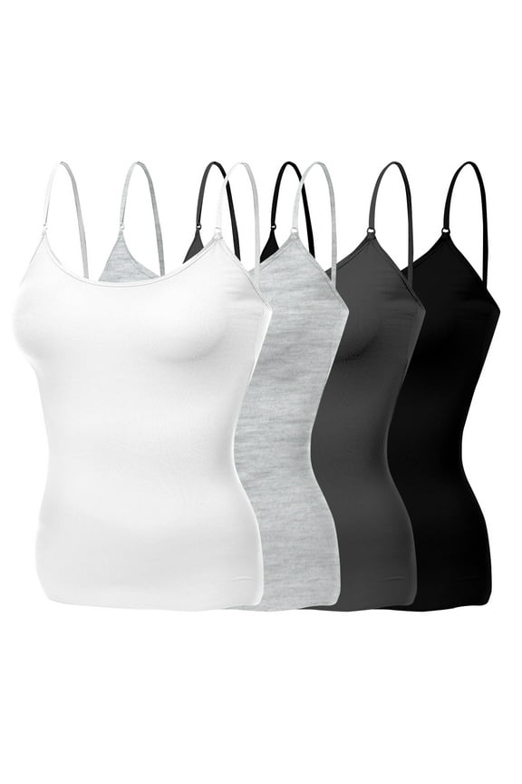 Women Layering Short Cami Adjustable Strap Tank Top - 4Pk - Wh, H Grey, Charcoal, Bk, L