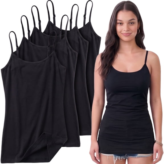 Essential Basic Women's Long Cami Tank Top 4-Pack, Black, Black, Black, Black, Size L