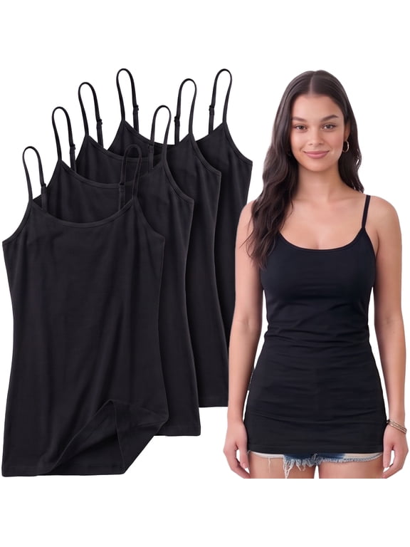 Women's Long Cami Tank Top 4-Pack, Black, Black, Black, Black, Size L