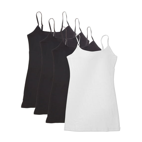 Essential Basic Women Value Pack Long Camisole Cami - Black, Black, Black, White, Medium