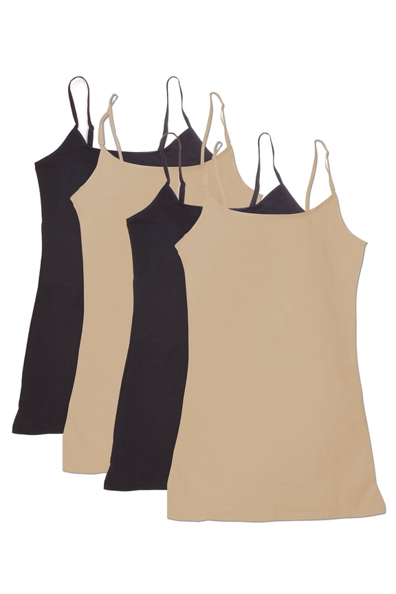 Women Value Pack Long Camisole Cami - Black, Black, Khaki, Khaki, 1X