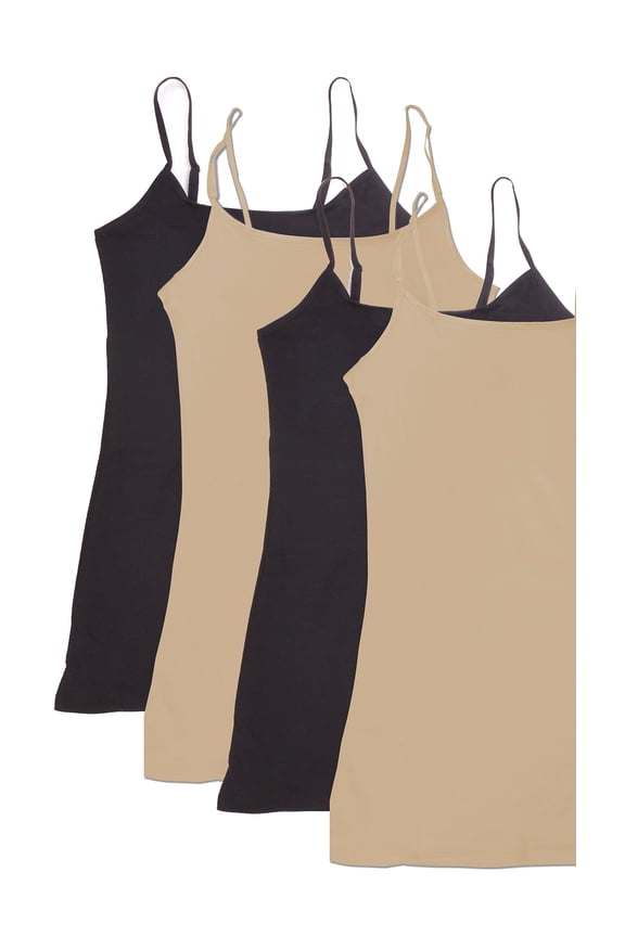 Women Value Pack Long Camisole Cami - Black, Black, Khaki, Khaki, Medium