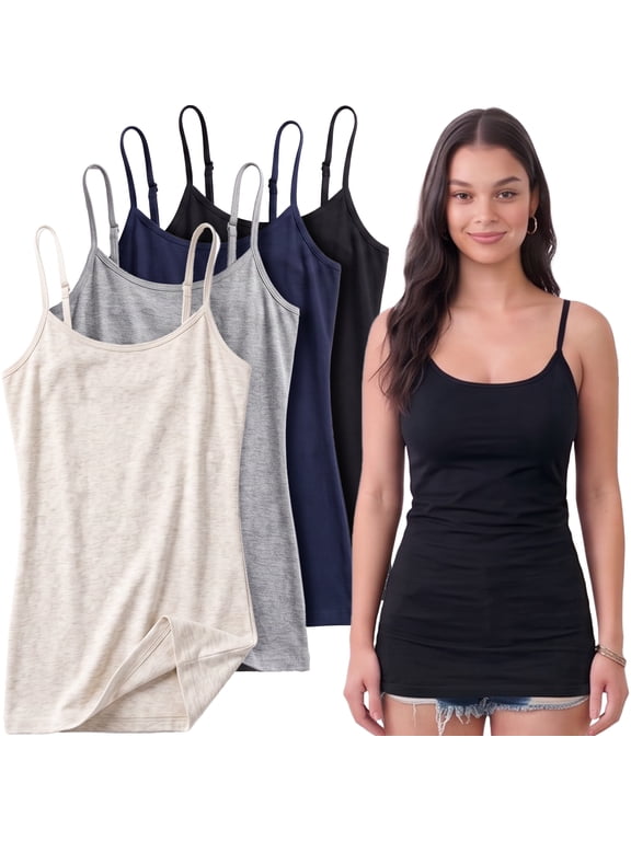Women Value Pack Long Camisole Cami - Black, Navy, H.Beige, H.Grey, Medium