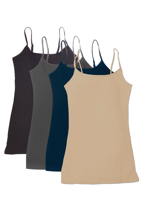 Women Value Pack Long Camisole Cami - Khaki, Navy, Charcoal, Black, Small