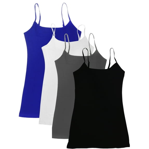 Essential Basic Women Value Pack Long Camisole Cami - Royal, White, Charcoal, Black, Medium