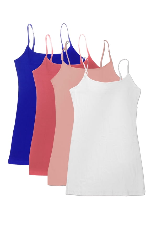 Women Value Pack Long Camisole Cami - White, Dk Pink, Dusty Rose, Royal, Small