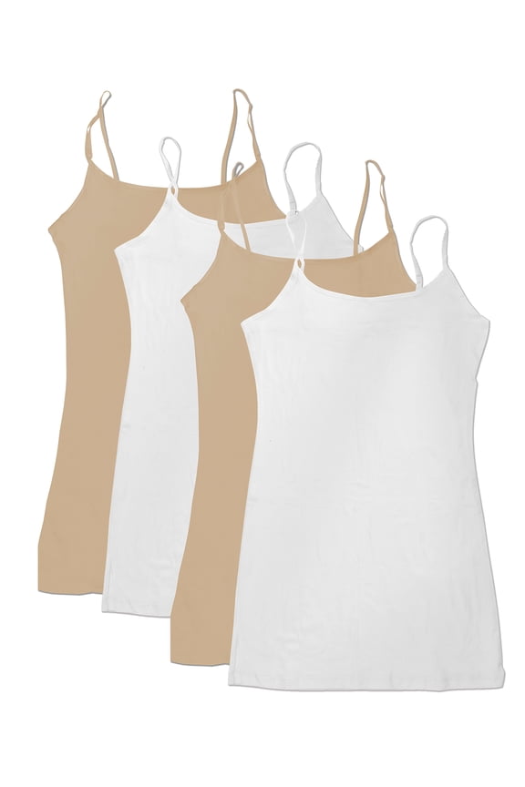 Women Value Pack Long Camisole Cami - White, White, Khaki, Khaki, Medium