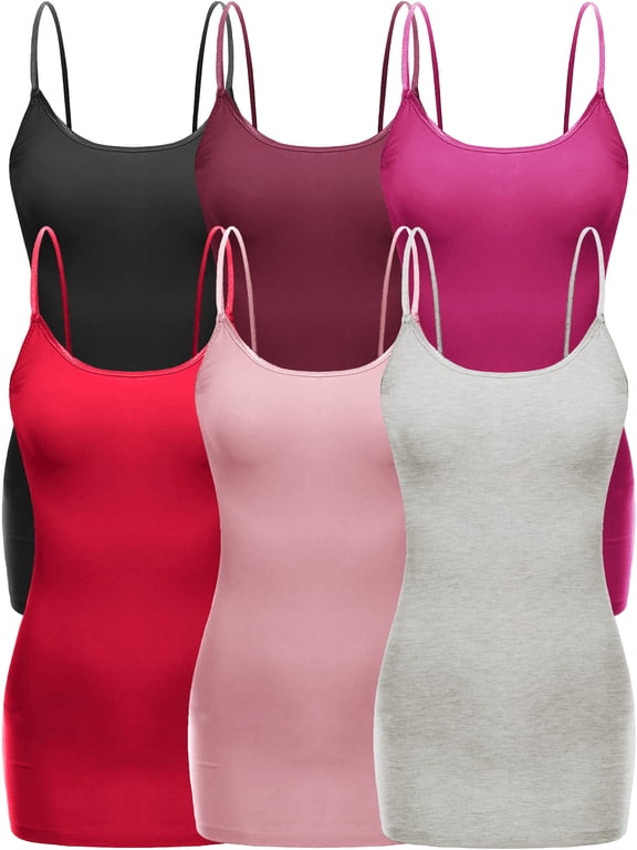 Women's Casual Long Camisole Top with Adjustable Strap 6 Pack, Blk Burg Fuchsia Red LghtPink Oat, Large