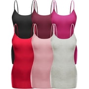 Essential Basic Women's Casual Long Camisole Top with Adjustable Strap 6 Pack, Blk Burg Fuchsia Red LghtPink Oat, Small