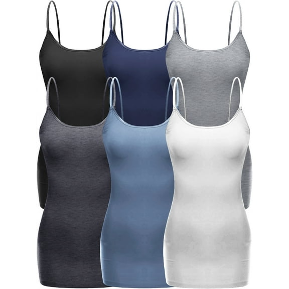 Essential Basic Women's Casual Long Camisole Top with Adjustable Strap 6 Pack, Blk Hgry Navy HthCharc DeminBlue White, Small