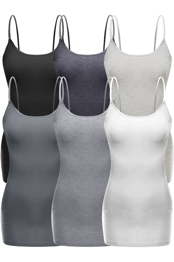 Women's Casual Long Camisole Top with Adjustable Strap 6 Pack, Blk HthCharc Oat Charc Hgry White, Medium