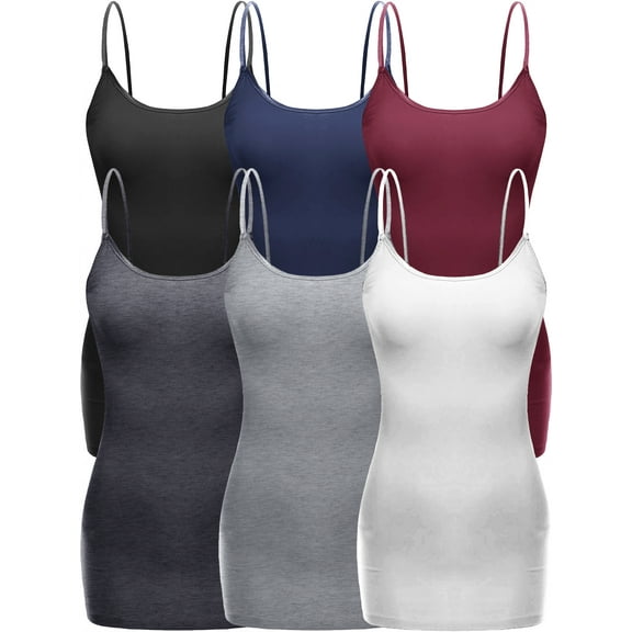 Essential Basic Women's Casual Long Camisole Top with Adjustable Strap 6 Pack, Blk Navy Burg HthCharc Hgry White, Small