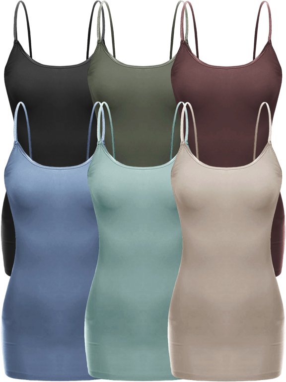 Women's Casual Long Camisole Top with Adjustable Strap 6 Pack, Blk Olive Brown DenimBlue DustySage Khaki, Medium