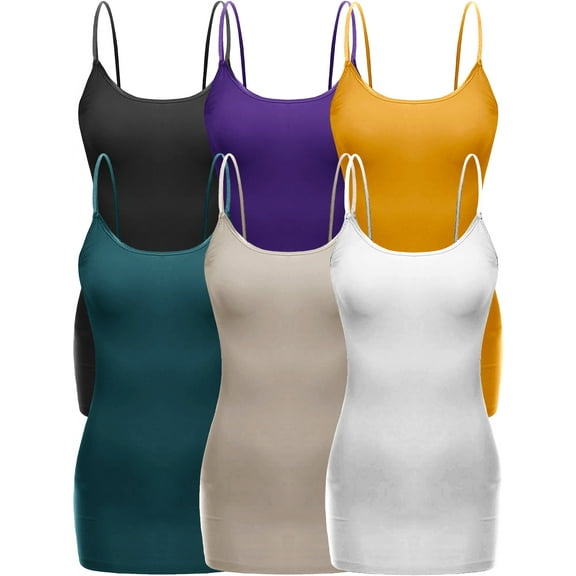 Essential Basic Women's Casual Long Camisole Top with Adjustable Strap 6 Pack, Blk Purple Mustard GreenTeal Khaki White, Large