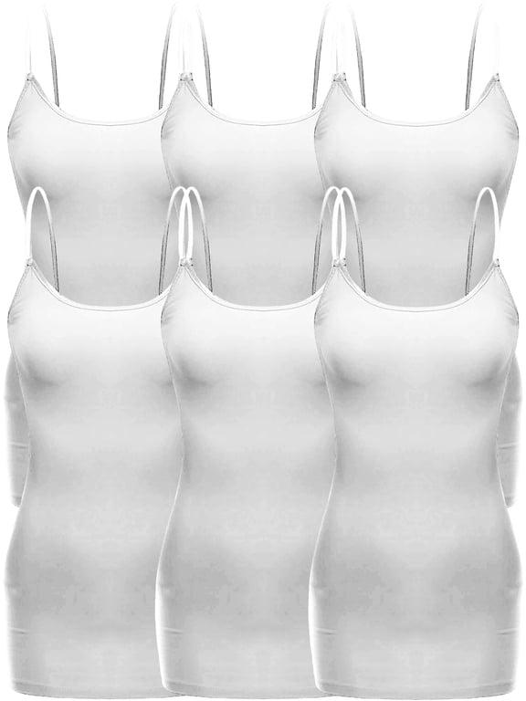Women's Casual Long Camisole Top with Adjustable Strap 6 Pack, White, Small