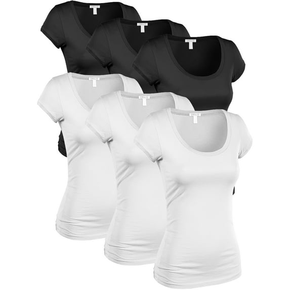 Essential Basic Women's Classic Short Sleeve Scoop Neck 6 Pack Tshirts, 3Black,3White, Medium