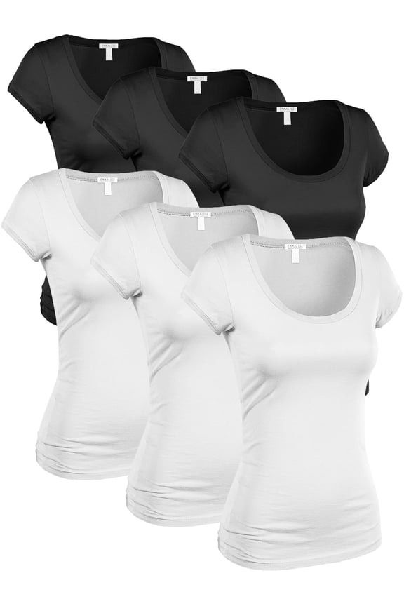 Women's Classic Short Sleeve Scoop Neck 6 Pack Tshirts, 3Black,3White, Small