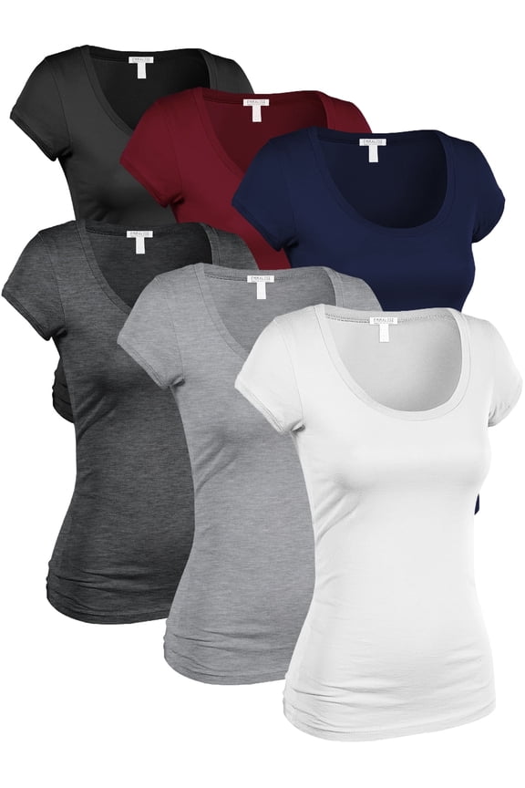 Women's Classic Short Sleeve Scoop Neck 6 Pack Tshirts, Blk Burg Nvy HChar HGry Wht, Medium