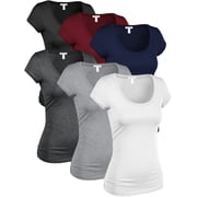 Essential Basic Womens Classic Short Sleeve Scoop Neck 6 Pack Tshirts, Blk Burg Nvy HChar HGry Wht, Medium