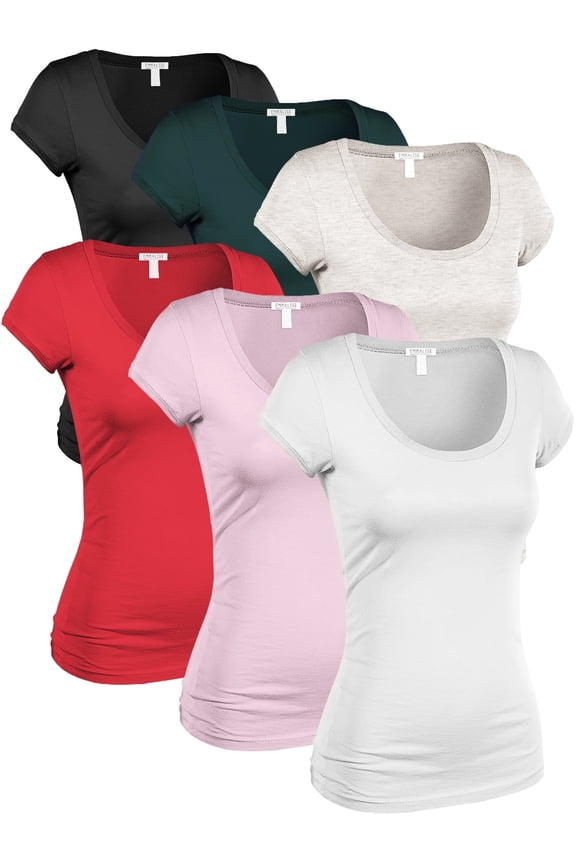 Women's Classic Short Sleeve Scoop Neck 6 Pack Tshirts, Blk D.Jngl Oat Red Pale Pink Wht, Small