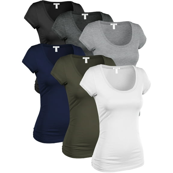Essential Basic Women's Classic Short Sleeve Scoop Neck 6 Pack Tshirts, Blk HChar HGry Navy Olv Wht, Small