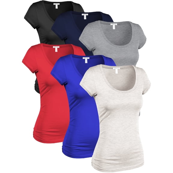 Essential Basic Women's Classic Short Sleeve Scoop Neck 6 Pack Tshirts, Blk Nav HGry Red Royl Oat, Medium