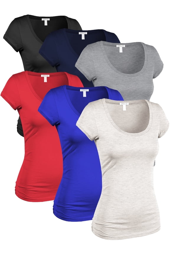 Women's Classic Short Sleeve Scoop Neck 6 Pack Tshirts, Blk Nav HGry Red Royl Oat, Medium
