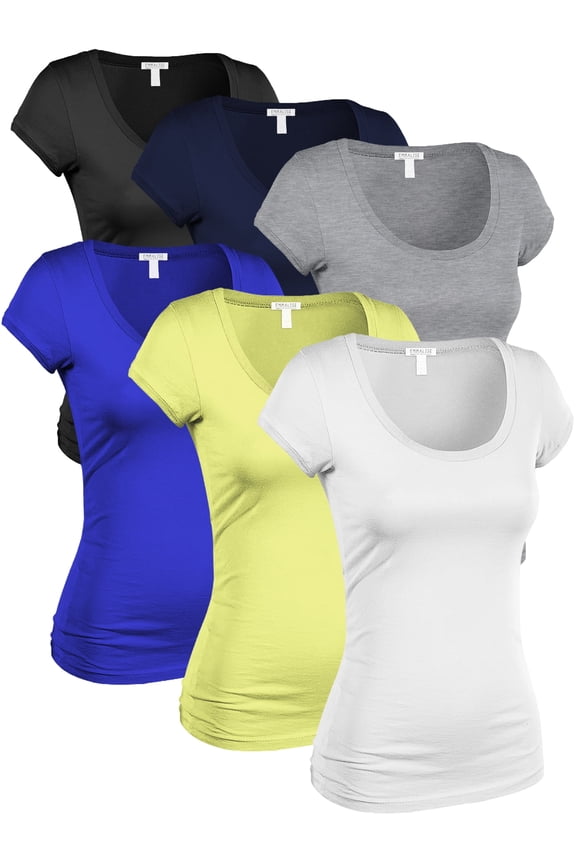 Women's Classic Short Sleeve Scoop Neck 6 Pack Tshirts, Blk Nav HGry Royl Lime Wht, Medium