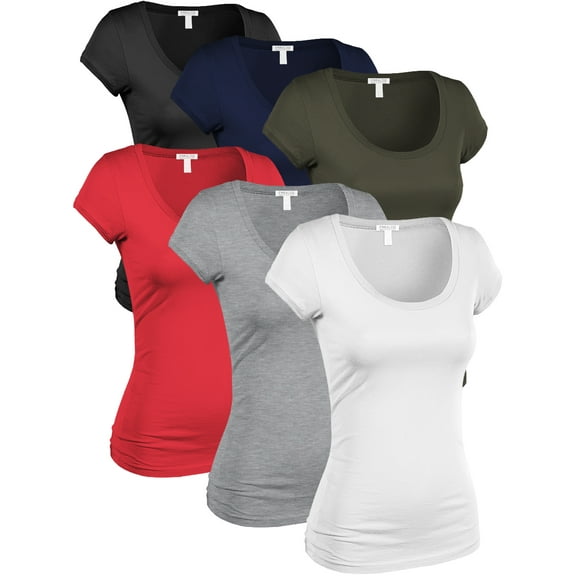 Essential Basic Women's Classic Short Sleeve Scoop Neck 6 Pack Tshirts, Blk Nav Olv Red HGry Wht, Medium