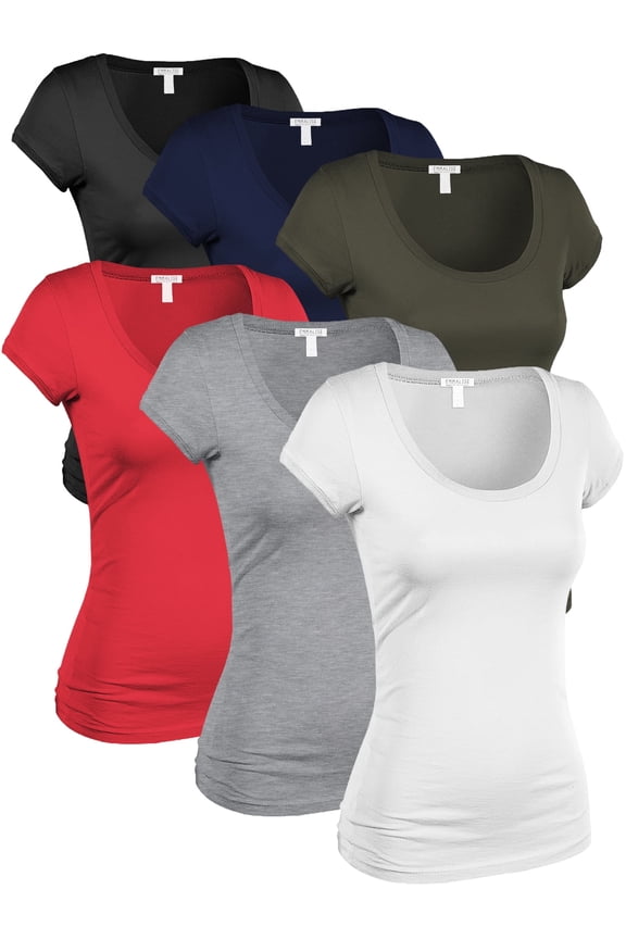 Women's Classic Short Sleeve Scoop Neck 6 Pack Tshirts, Blk Nav Olv Red HGry Wht, Small