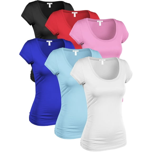 Essential Basic Women's Classic Short Sleeve Scoop Neck 6 Pack Tshirts, Blk Red Sft Pink Royl AiryBlu Wht, Large