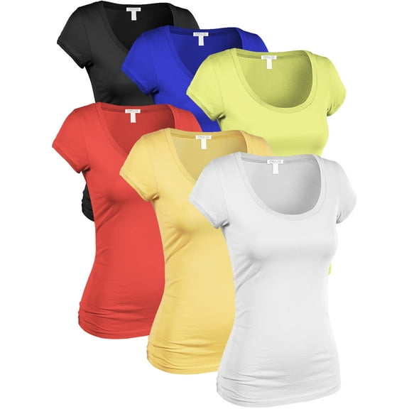 Essential Basic Women's Classic Short Sleeve Scoop Neck 6 Pack Tshirts, Blk Royl Lime Coral LtYlw Wht, Small