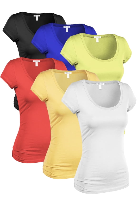 Women's Classic Short Sleeve Scoop Neck 6 Pack Tshirts, Blk Royl Lime Coral LtYlw Wht, Small