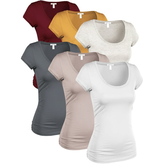 Essential Basic Women's Classic Short Sleeve Scoop Neck 6 Pack Tshirts, Burg Mustd Oat Charc CocTaupe Wht, Medium