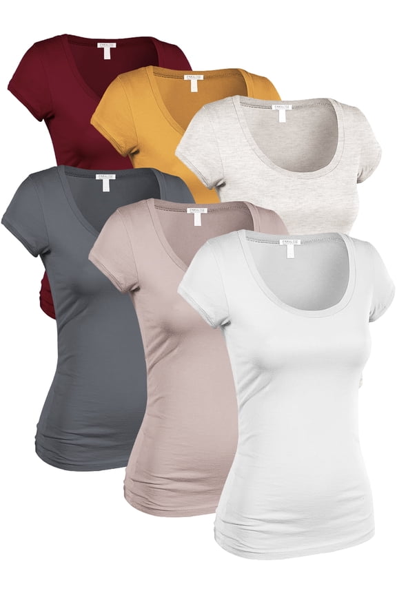Women's Classic Short Sleeve Scoop Neck 6 Pack Tshirts, Burg Mustd Oat Charc CocTaupe Wht, Small