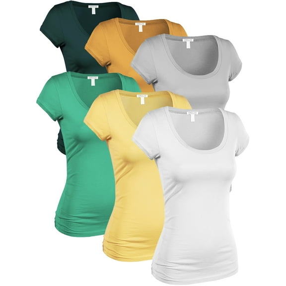 Essential Basic Women's Classic Short Sleeve Scoop Neck 6 Pack Tshirts, D.Jngl Mustd Silv MntGren LtYlw White, Small