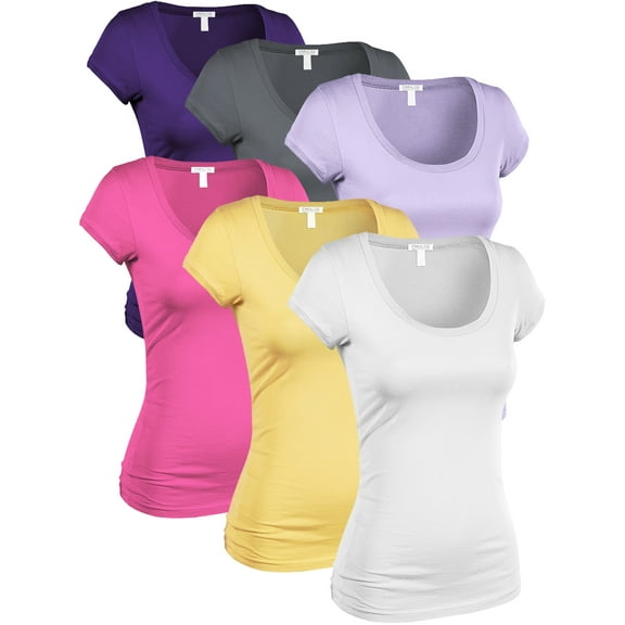 Essential Basic Women's Classic Short Sleeve Scoop Neck 6 Pack Tshirts, Purple Chrc Lilac Fusch LtYlw Wht , Large