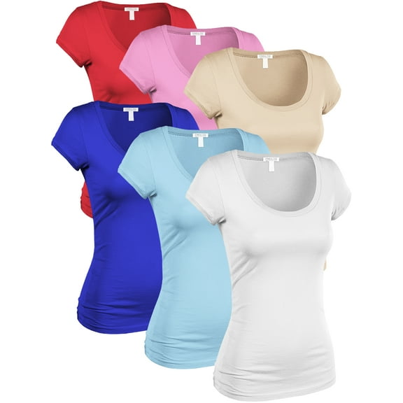 Essential Basic Women's Classic Short Sleeve Scoop Neck 6 Pack Tshirts, Red SftPink VanillaCake Royl AiryBlu Wht, Large