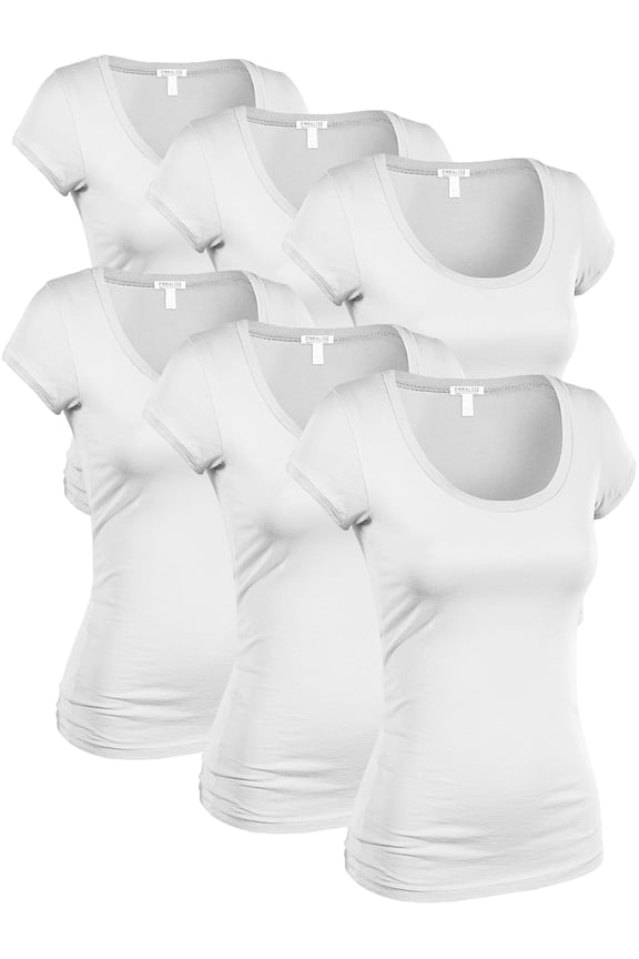 Women's Classic Short Sleeve Scoop Neck 6 Pack Tshirts, White, Large