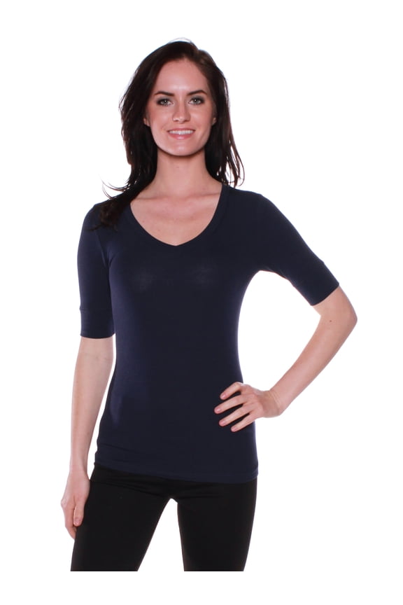 Women's Cotton Blend V Neck Tee Shirt Half Sleeves - Navy, M