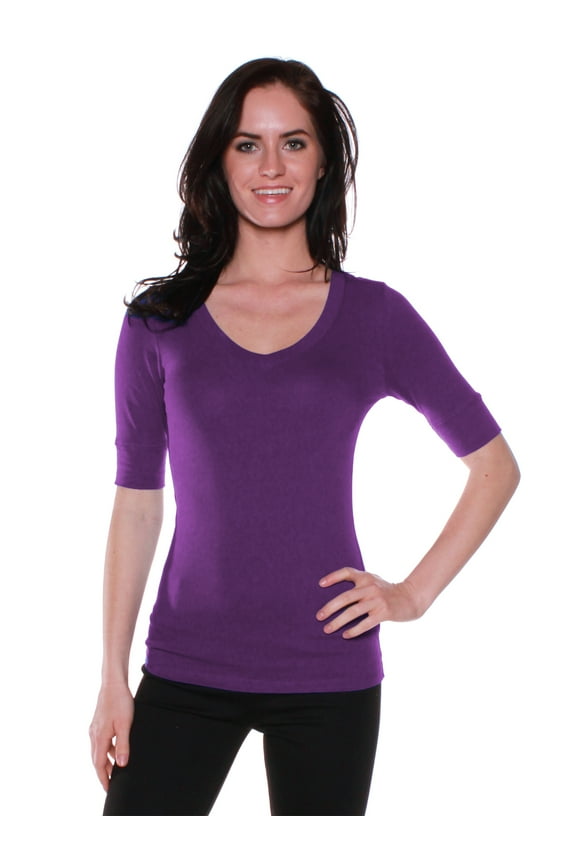 Women's Cotton Blend V Neck Tee Shirt Half Sleeves - Purple, M