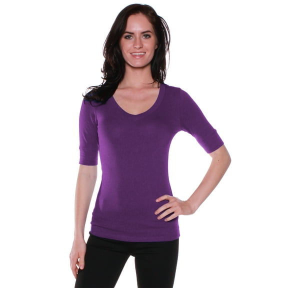 Essential Basic Women's Cotton Blend V Neck Tee Shirt Half Sleeves - Purple, S