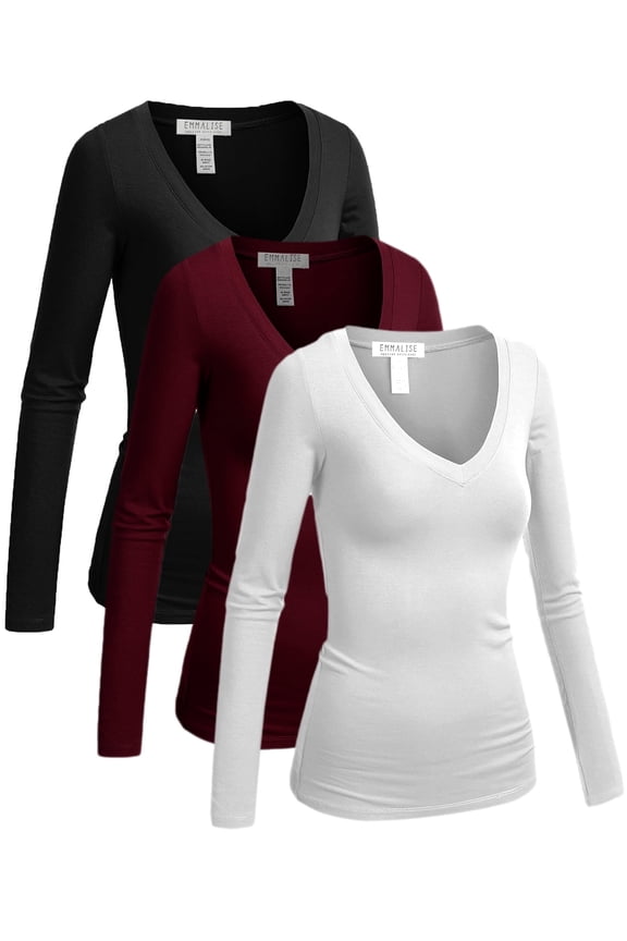 Women's Junior Size Vneck Tshirt Long Sleeve Shirt, 3Pk Black Burgundy White, Large